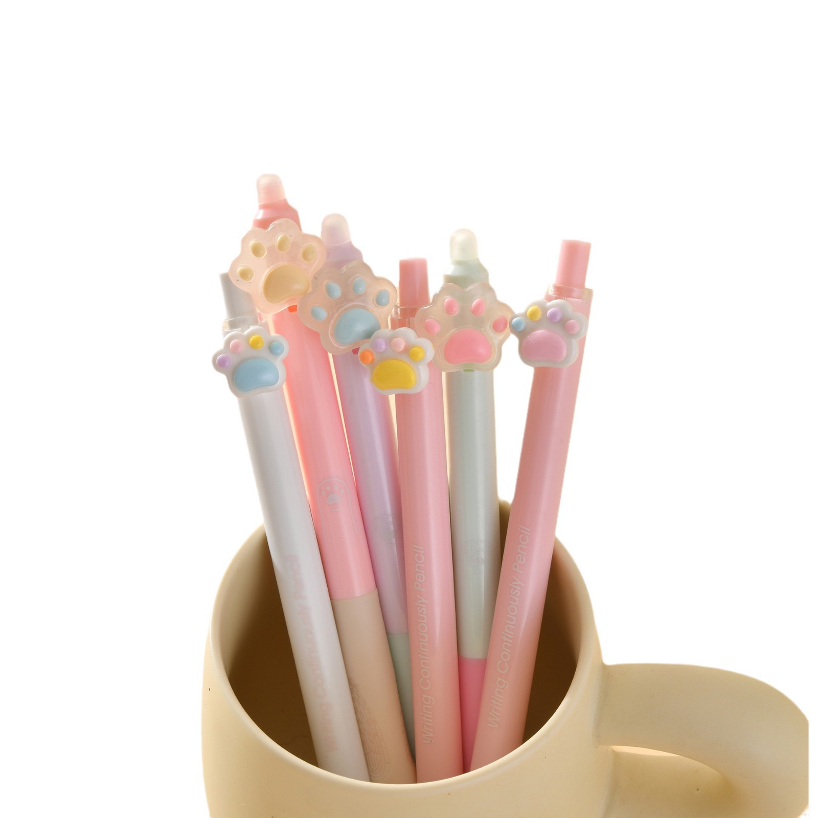 The Chenxi Cat Paw Press Set features an erasable gel pen and an eternal pencil with a blue core, ensuring smooth and fluid writing for students Item Picture