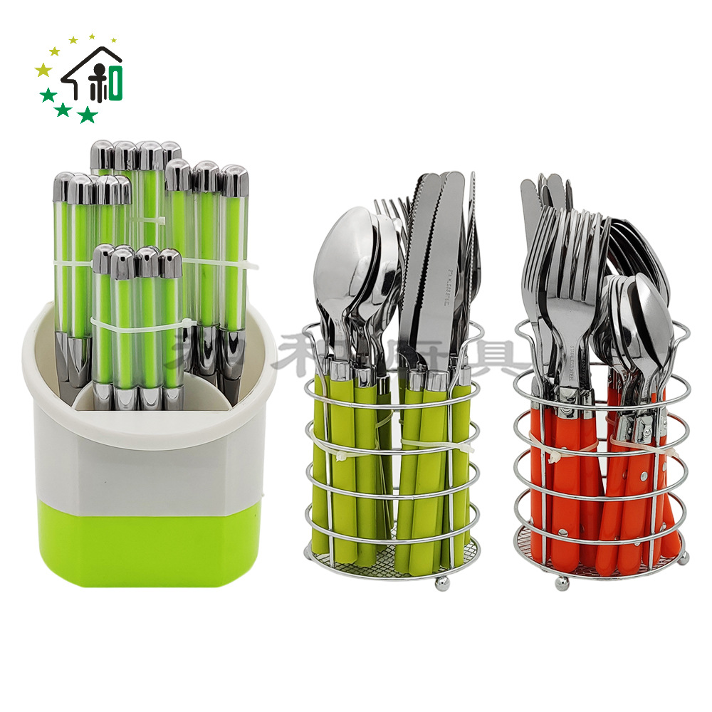 Foreign Trade Plastic Handle Stainless Steel Tableware Cylindrical Grid Handle 24-Piece Gift Box Steak Western Food Knife, Fork And Spoon Four Grid Basket details Picture