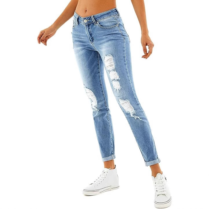 2025 New Amazon cross-border European and American fashion low-waisted stretch small-footed ripped denim long pants for women in stock Specification image