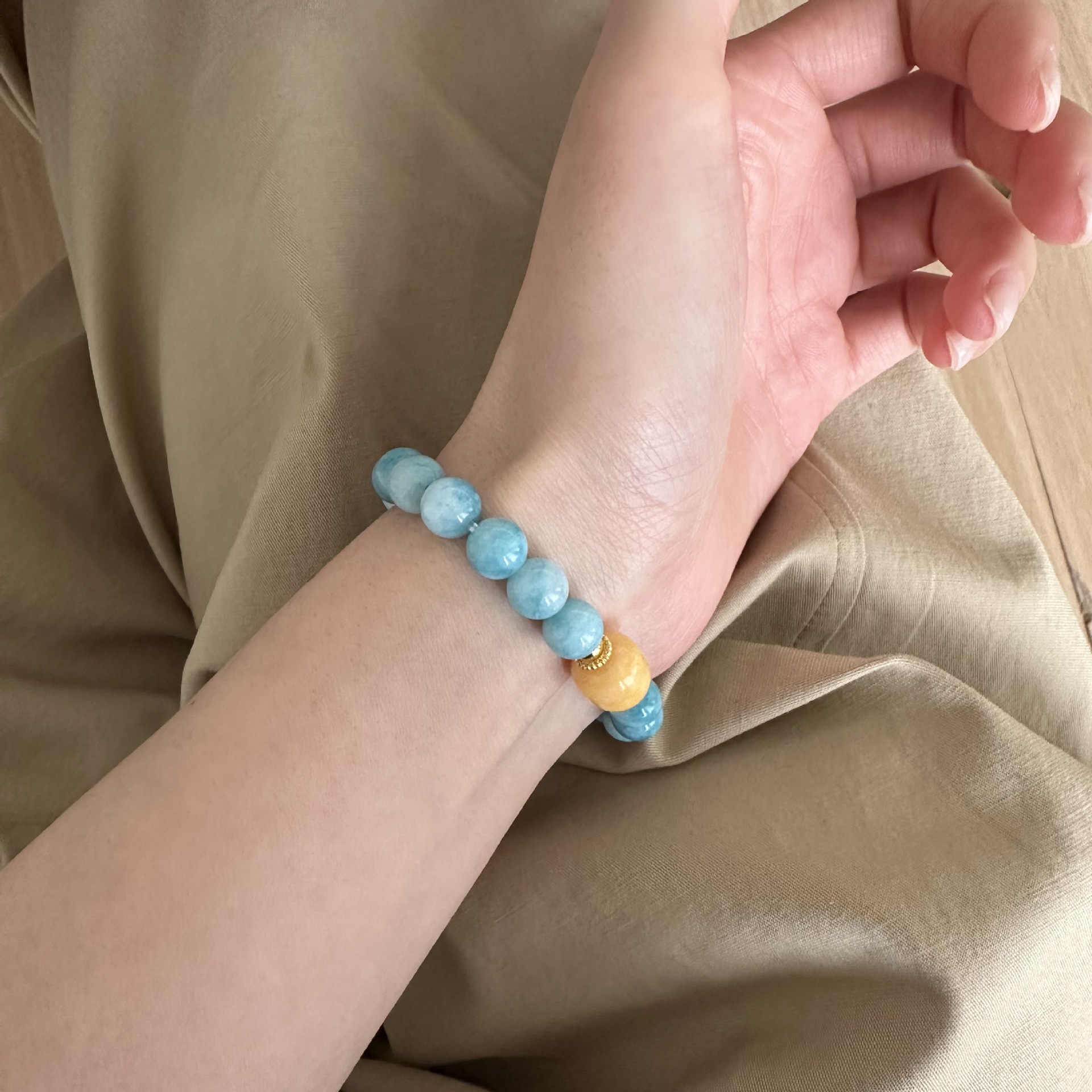 925纯银优化海纹石串珠手链女手工弹力绳款设计黄玉石手串3339B