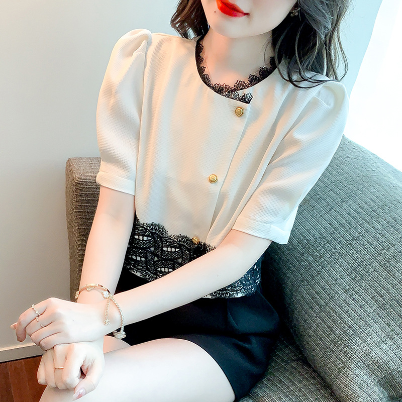韩国东大门夏季小香风设计感复古蕾丝边拼接衬衫短款时尚气质上衣