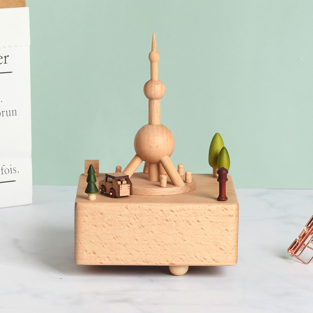 创意跨境东方明珠建筑音乐盒木质工艺品天空之城上海送外国人礼物