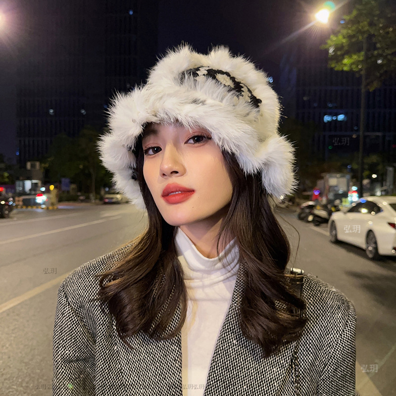 兔毛毛线帽子女秋冬季毛茸茸虎头醒狮渔夫帽显脸小针织毛绒帽子