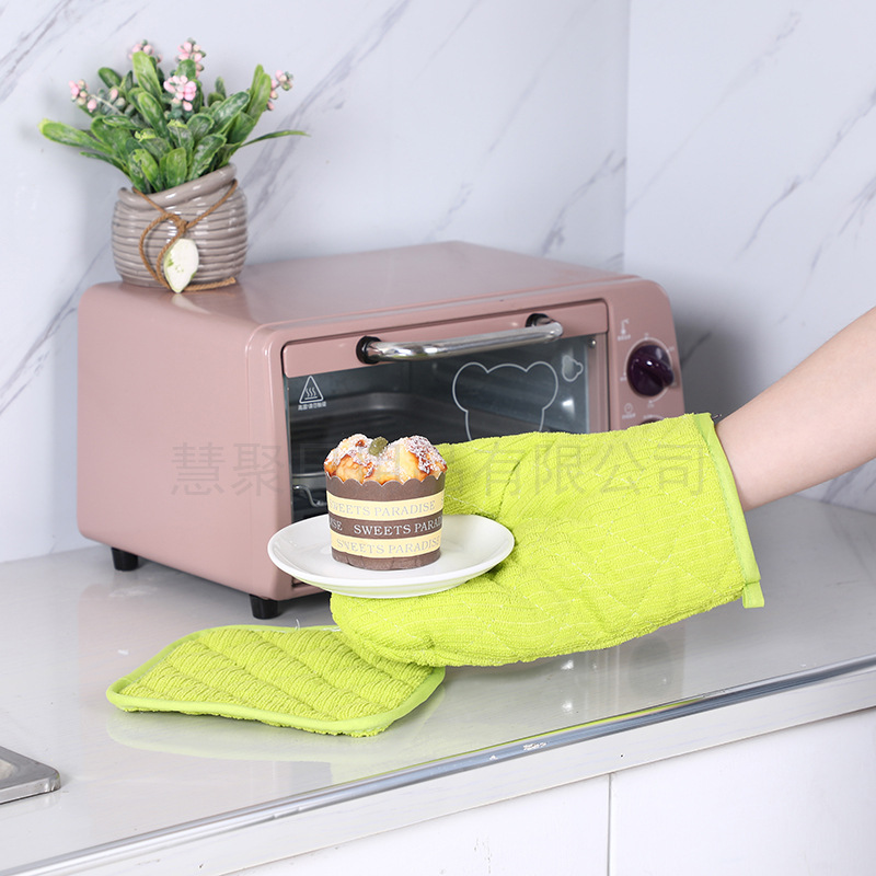 厨房用微波炉纯色隔热手套垫子两件套烤箱隔热防烫手套套装批发图
