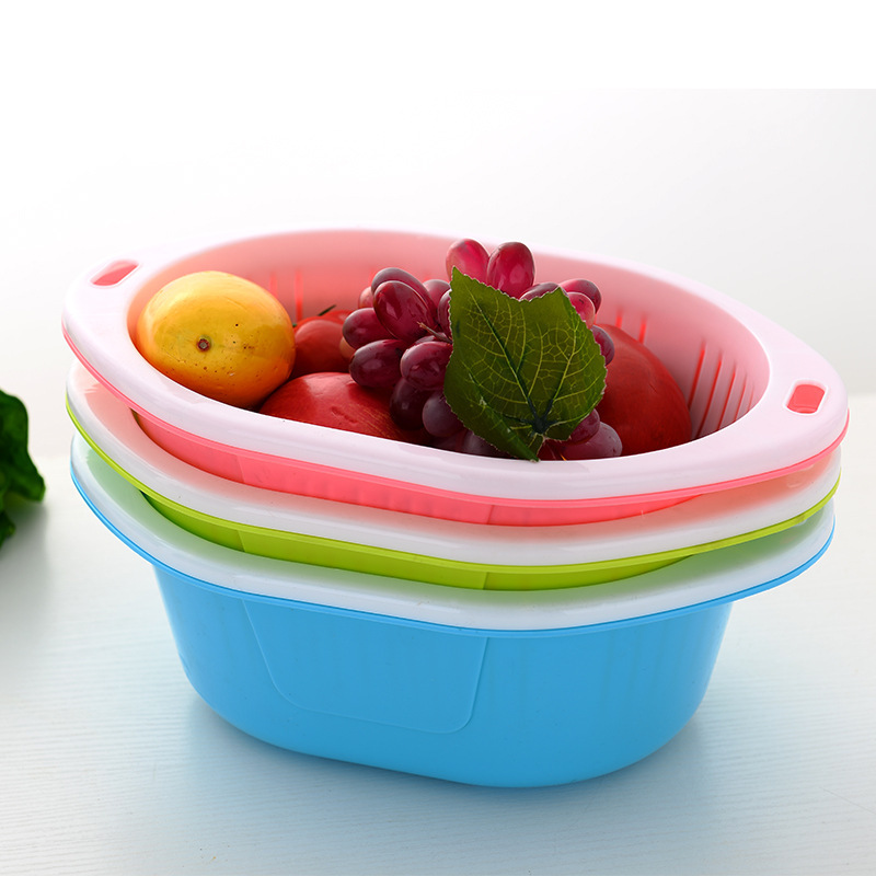 Factory direct sales: Oval-shaped double-layer fruit baskets, draining baskets, kitchen storage frames, multi-functional vegetable washing baskets, gift baskets