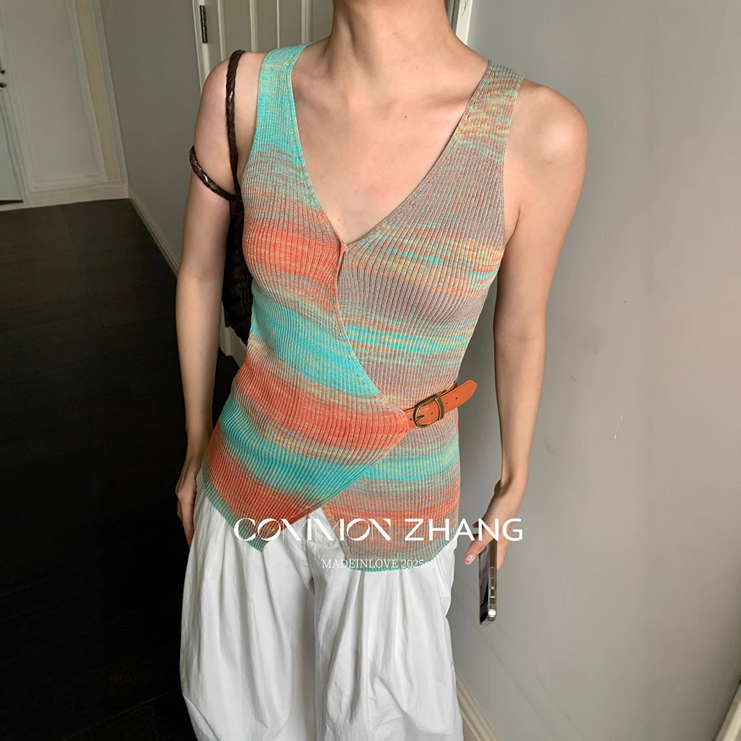 CZ ZHANG Summer Korean-style fashionable commuter striped concealed buckle belt cardigan V-neck vest sweater for women B25115 Application Scenario