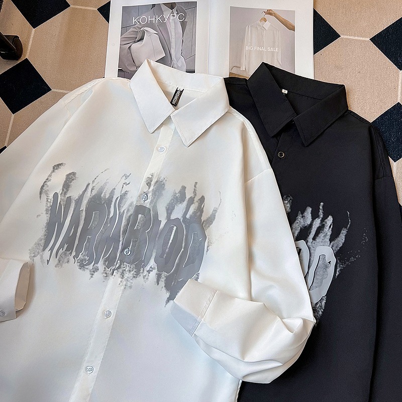 High-end ink-wash letter printed men's long-sleeved, niche Korean design, drape long-sleeved shirt, trendy on Instagram Specification image