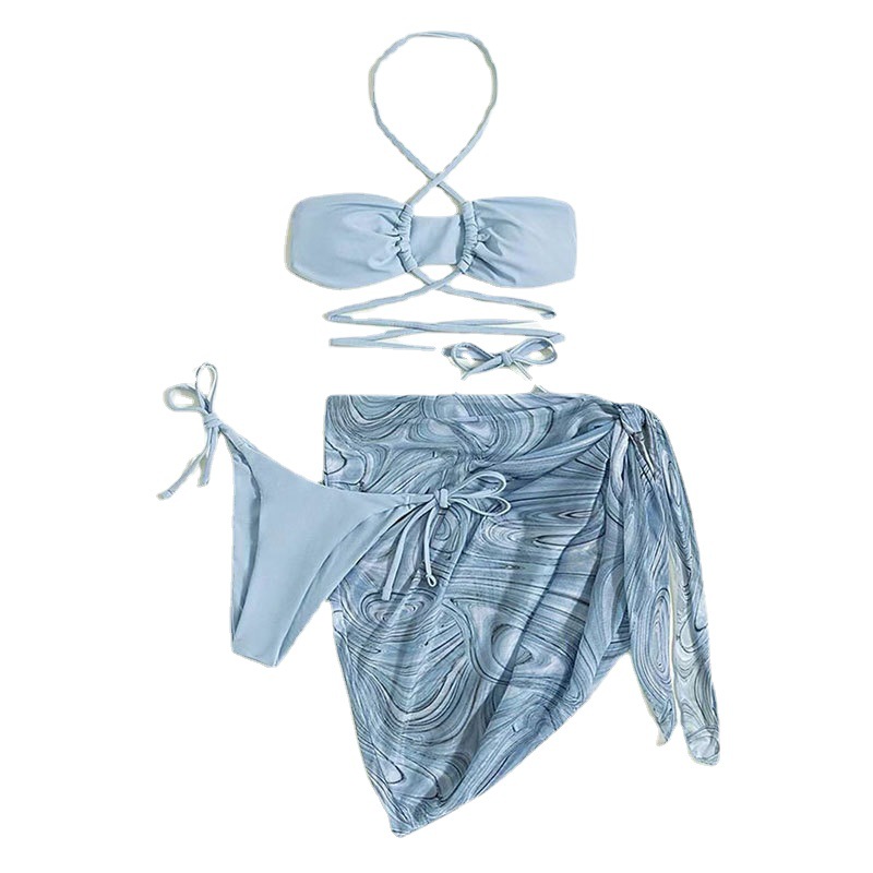 Cross-border wholesale of the new 2022 European and American style drawstring and lacing three-piece set of half-body halter bikini Item Picture