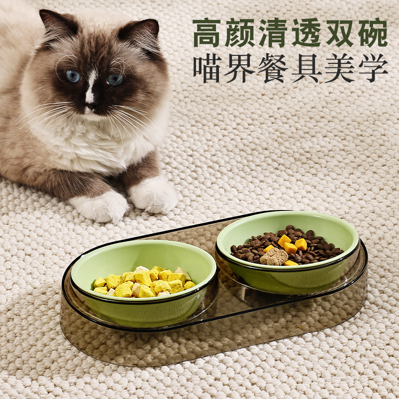 猫碗透明猫食盆双碗猫咪饭碗狗狗碗喂食防打翻猫粮碗水碗宠物用品