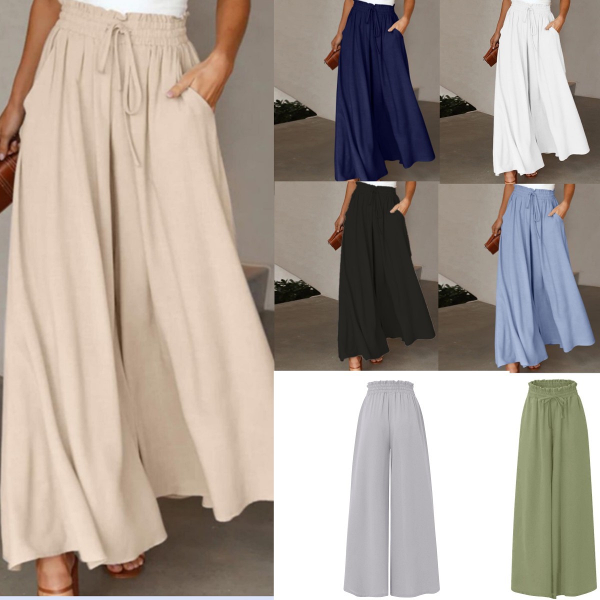 Europe And The United States Cross-Border Summer New Women's Wide Leg Trousers Elastic Belt Wide Leg High Waist Long Culottes Female Spot