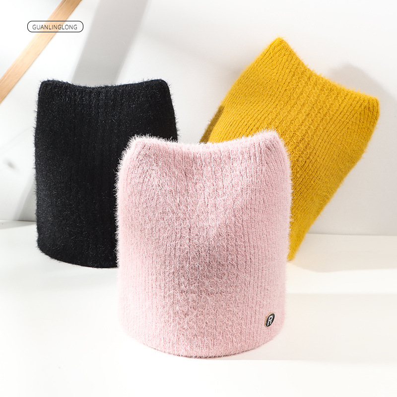 Autumn and winter faux mink ear-protecting cold hat, cute fox ear pullover hat, double-layer knitted warm letter maternity hat details Picture
