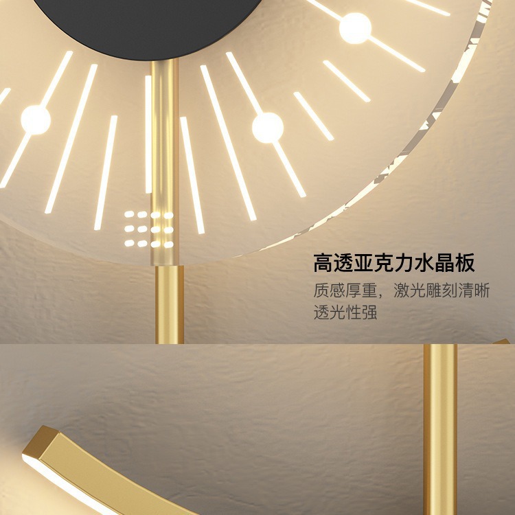 The living room features a light luxury creative clock wall lamp. The bedroom has a headboard background wall lamp with a tech-savvy design and decoration. It can be charged without wiring Item Picture