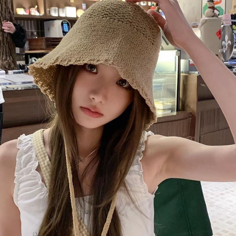 夏季新款花边萝莉草帽女镂空透气百搭可爱显脸小防晒遮阳渔夫帽潮