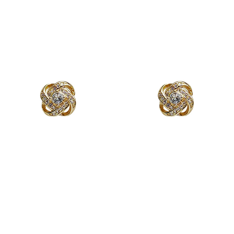 Micro-inlaid zircon 925 silver needle plated with 14K spiral knot stud earrings for women, Japanese and Korean ins simple and elegant mini earrings Item Picture
