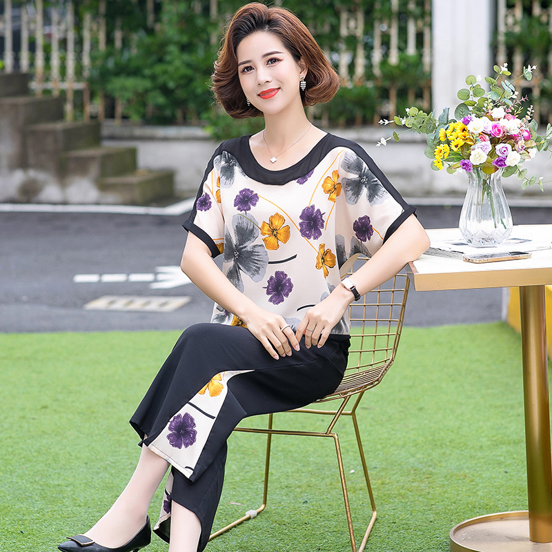 Mom's summer stylish chiffon top two-piece set 2024 new short-sleeved T-shirt for middle-aged and elderly women wide-leg pants set Specification image