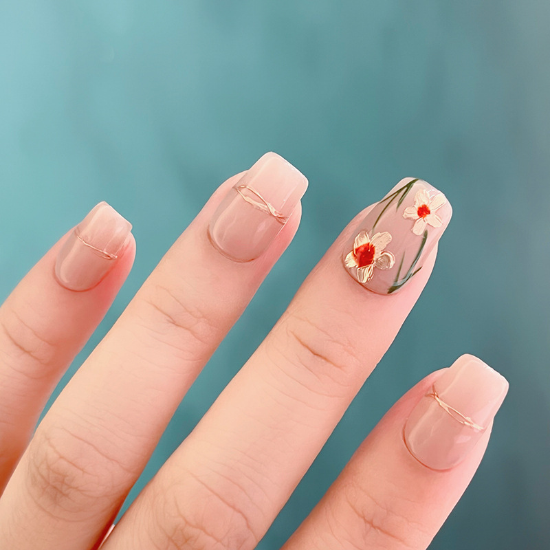 Yu Ning Pure Hand-Worn Nail Autumn Enamel Hand-Painted Flower Nail Art Temperament Gentle Bride Nail Light Therapy Nail Patch Specification drawing