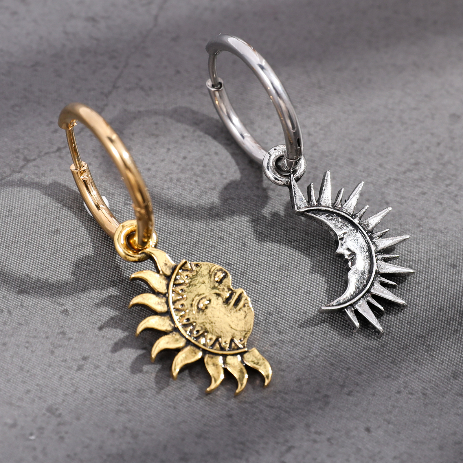 Men's earrings with asymmetrical sun and moon, couple ear rings, men's cross-border popular earrings from Europe and America are available details Picture