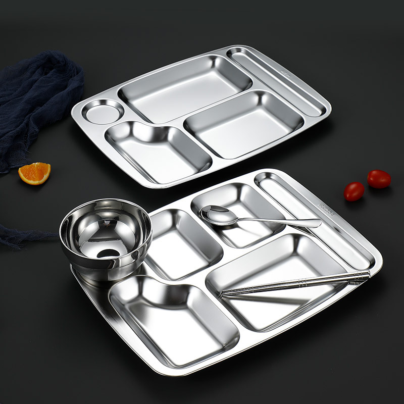 304 stainless steel fast food plates, divided into compartments, food-grade, school cafeteria plates, student meal plates, stainless steel plates