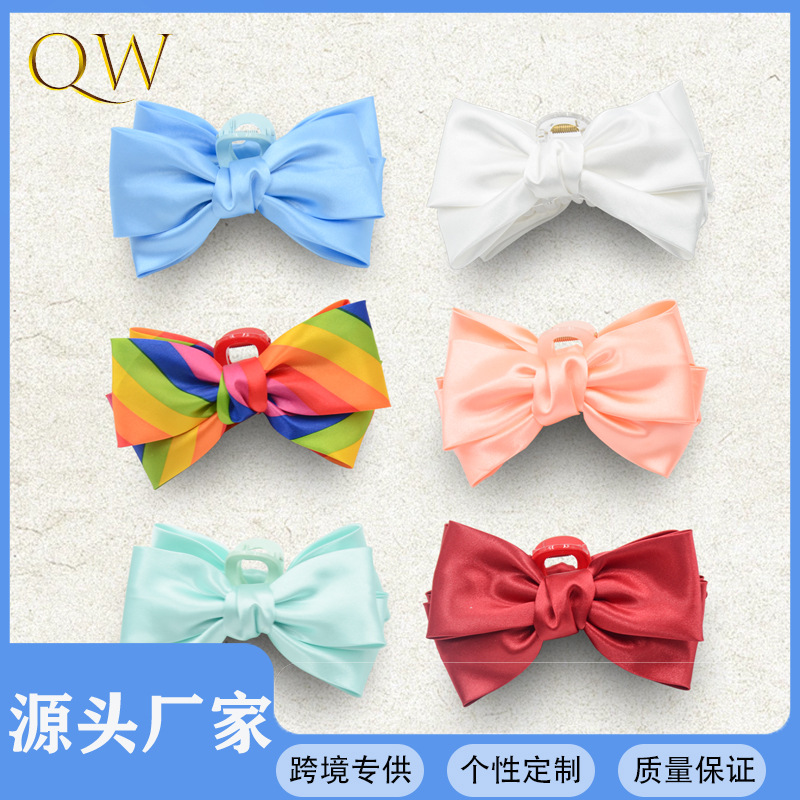 Qiwei Accessories' exclusive cross-border new Spring and summer fabric double-sided double-layer bow grab clip, fashionable and simple hair clip and accessory for women