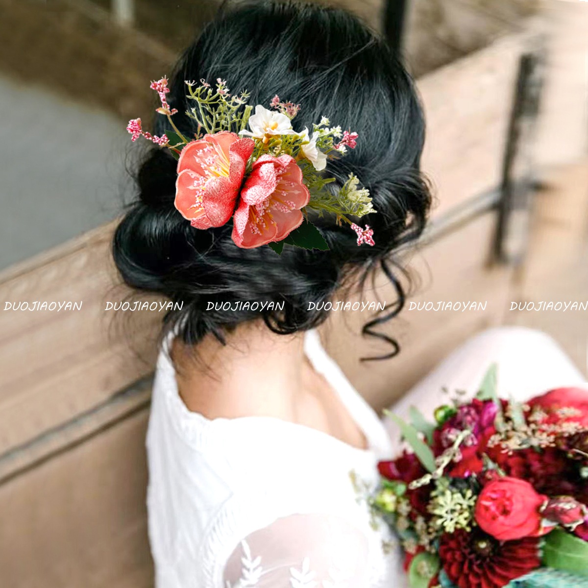 Summer's new forest-themed flower hair comb, realistic azalea hair accessory, Hawaiian style fake photo, updo and comb for women Application Scenario