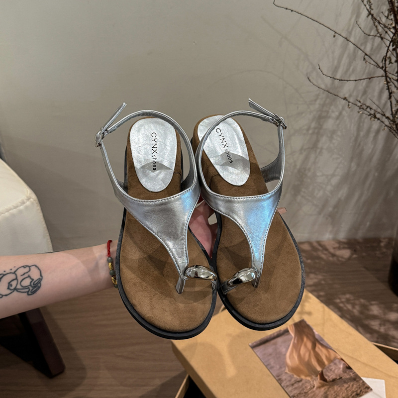 Wedge heel design style niche sandals for summer 2026 Korean retro and individual metal buckle toe Roman sandals for women Specification image