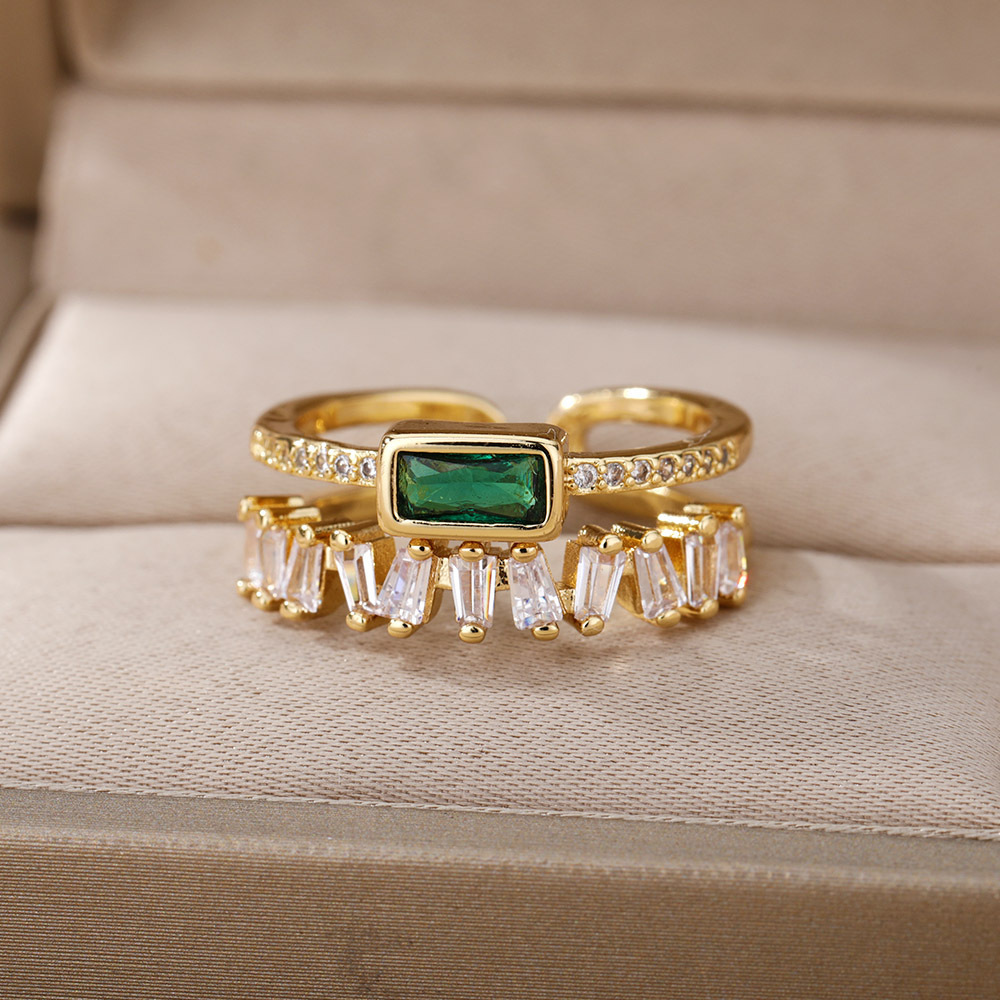 Kimoj's New Ring, Cross-Border Jewelry Supply From Europe And America, Geometric Double-Layer Ring, Slightly Set Zircon Ring, T-Shaped Zirconium Retro And Fashionable Tail Ring For Women details Picture