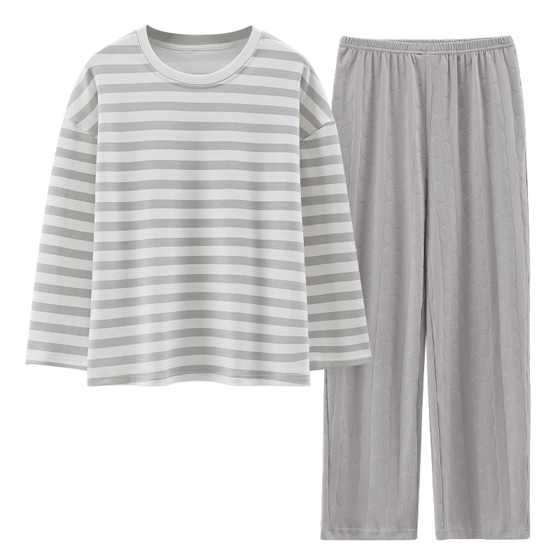 Spring and autumn long-sleeved pajamas for women, thin cotton large-sized round-neck striped all-cotton autumn women's home wear set Item Picture