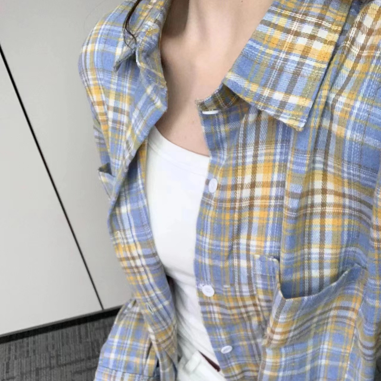 黄蓝格子衬衫女早秋磨毛上衣格纹衬衣男美式复古中性外套工厂批发