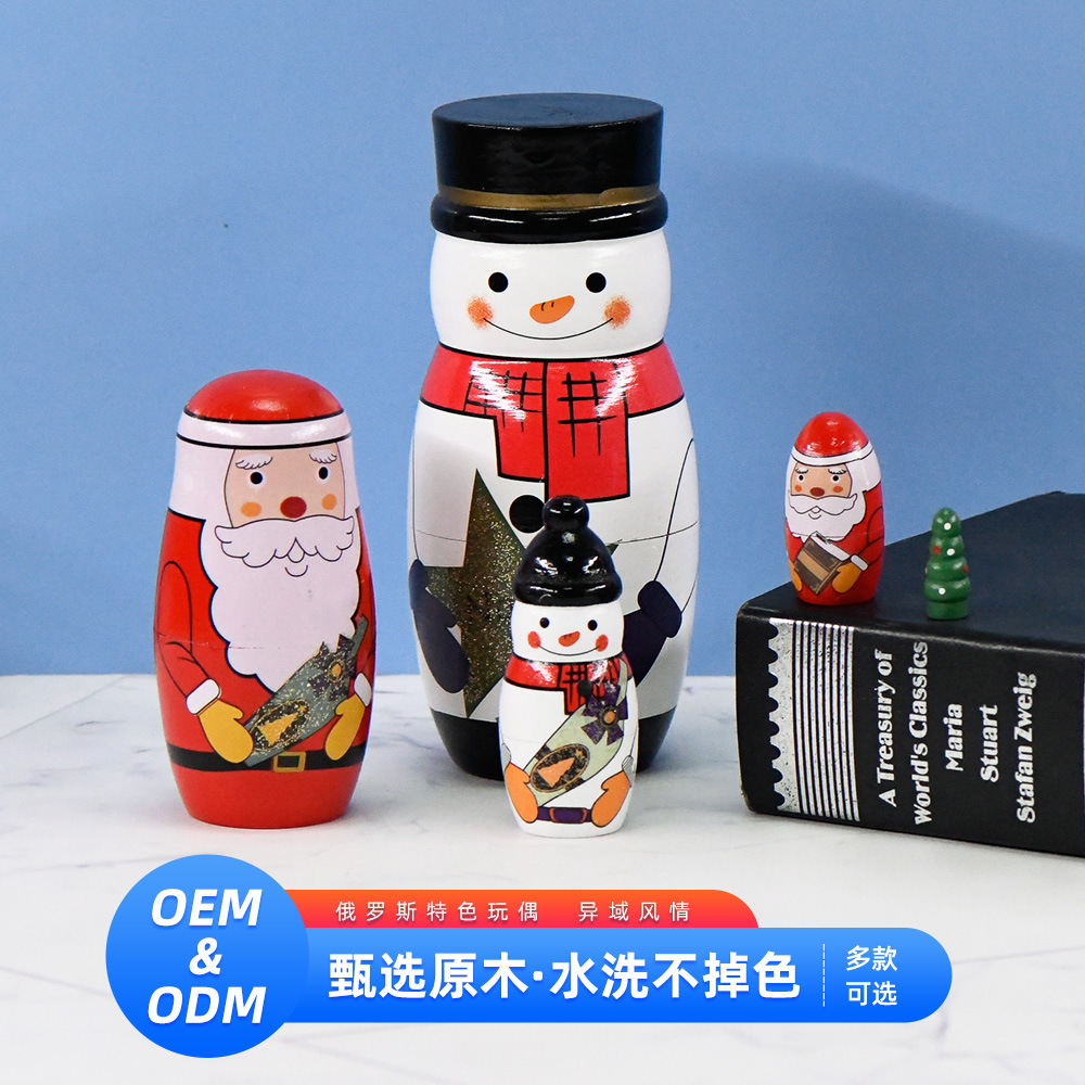 Russian matryoshka five-layer Christmas snowman doll, lotus wood ground painted decorative item, painted wood handicraft in stock