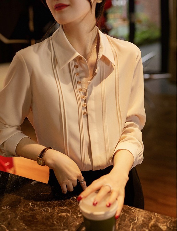 French original order European women's clothing Tuck line shirts for export ~ Early spring style French retro acetate mini tops trend details Picture