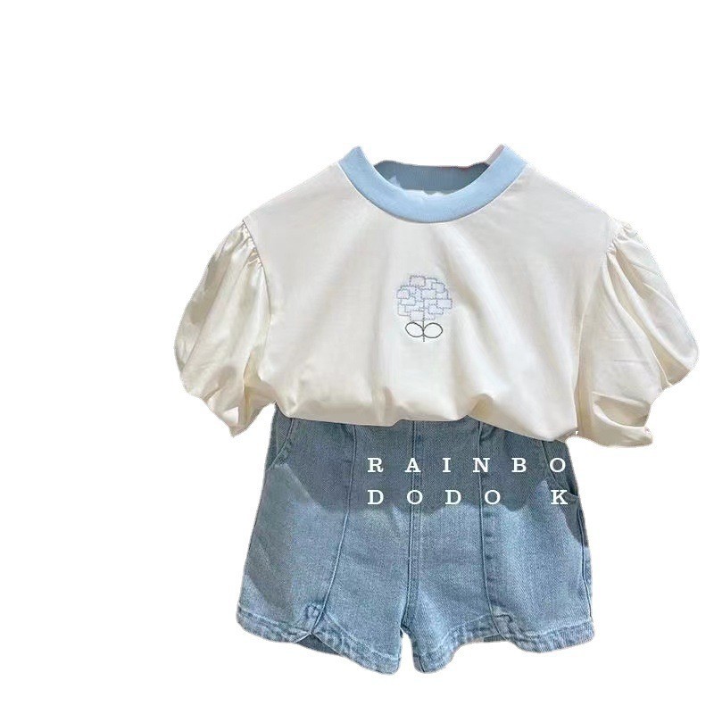 Children's clothing and girls' embroidered T-shirt 2025 Summer for kids, Korean style, stylish and versatile short-sleeved top, denim shorts, trendy Item Picture
