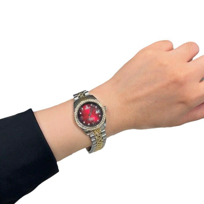 The new quartz wristwatch with a rose red and crushed ice blue steel band and small dial, and a steel band women's watch in dragon fruit color Item Picture