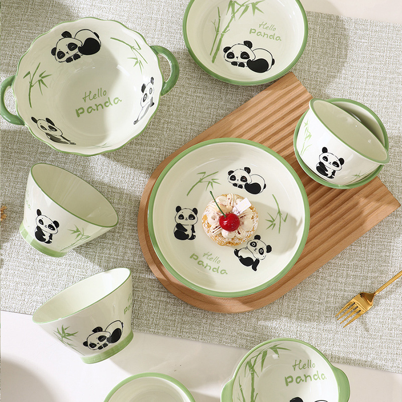 Panda Flower Fruit Nai Ins Children's Ceramic Rice Bowl Cute Cute Home Soup Bowl Baking Tray Creative Tableware Set