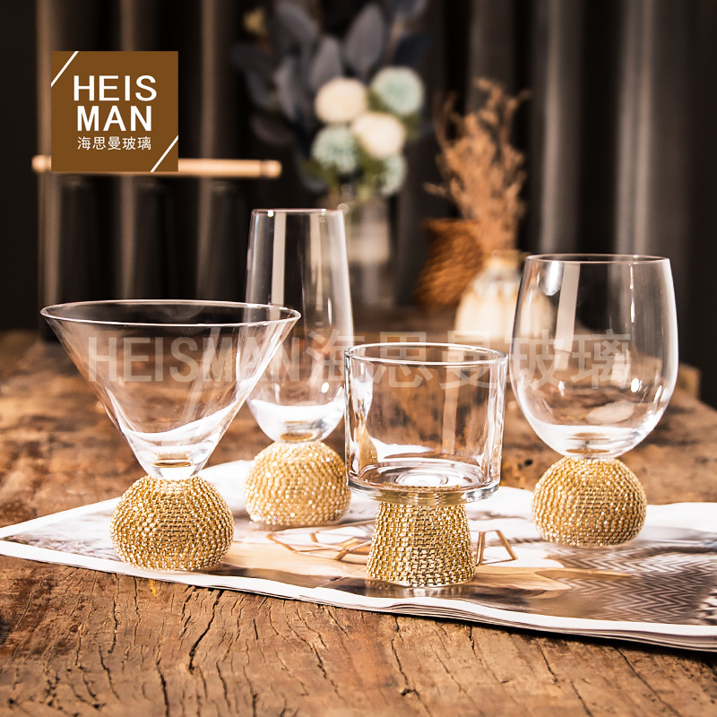 European Diamond Goblets Crystal Diamond-Wrapped Glass High Appearance Horizontal With Handle Chicken Tail Cup Big Belly Diamond-Set Water Cup Specification drawing