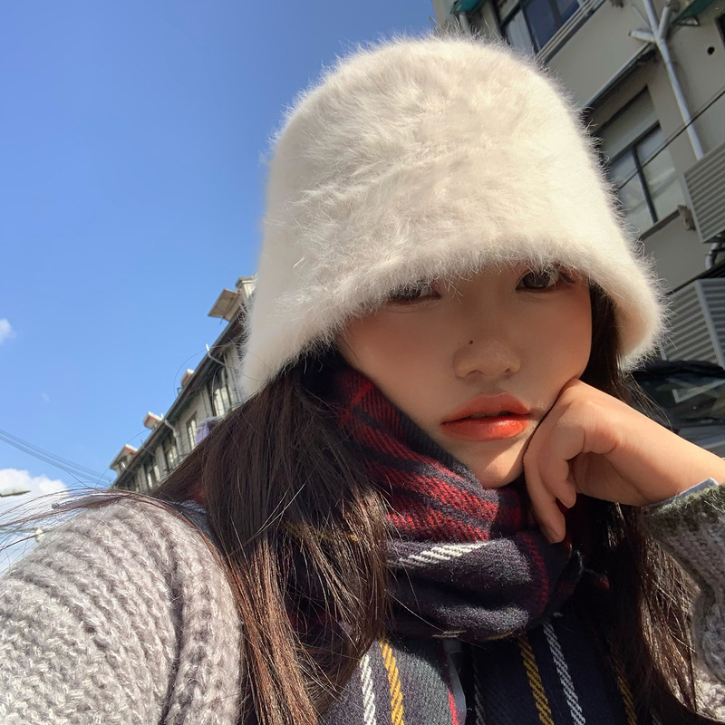 粥可可日系复古百搭遮脸毛茸茸兔毛水桶帽子女韩版秋冬盆帽渔夫帽