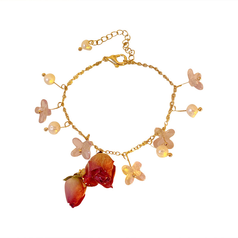 Korean fashion flower pearl bracelet necklace earrings set super fairy rose temperament gentle clavicle chain ear ornaments female Item Picture