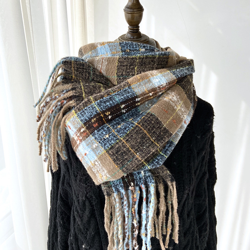 New winter Maillard faux cashmere checkered scarf for women, Korean style, sweet and high-end, versatile, thickened shawl Specification image