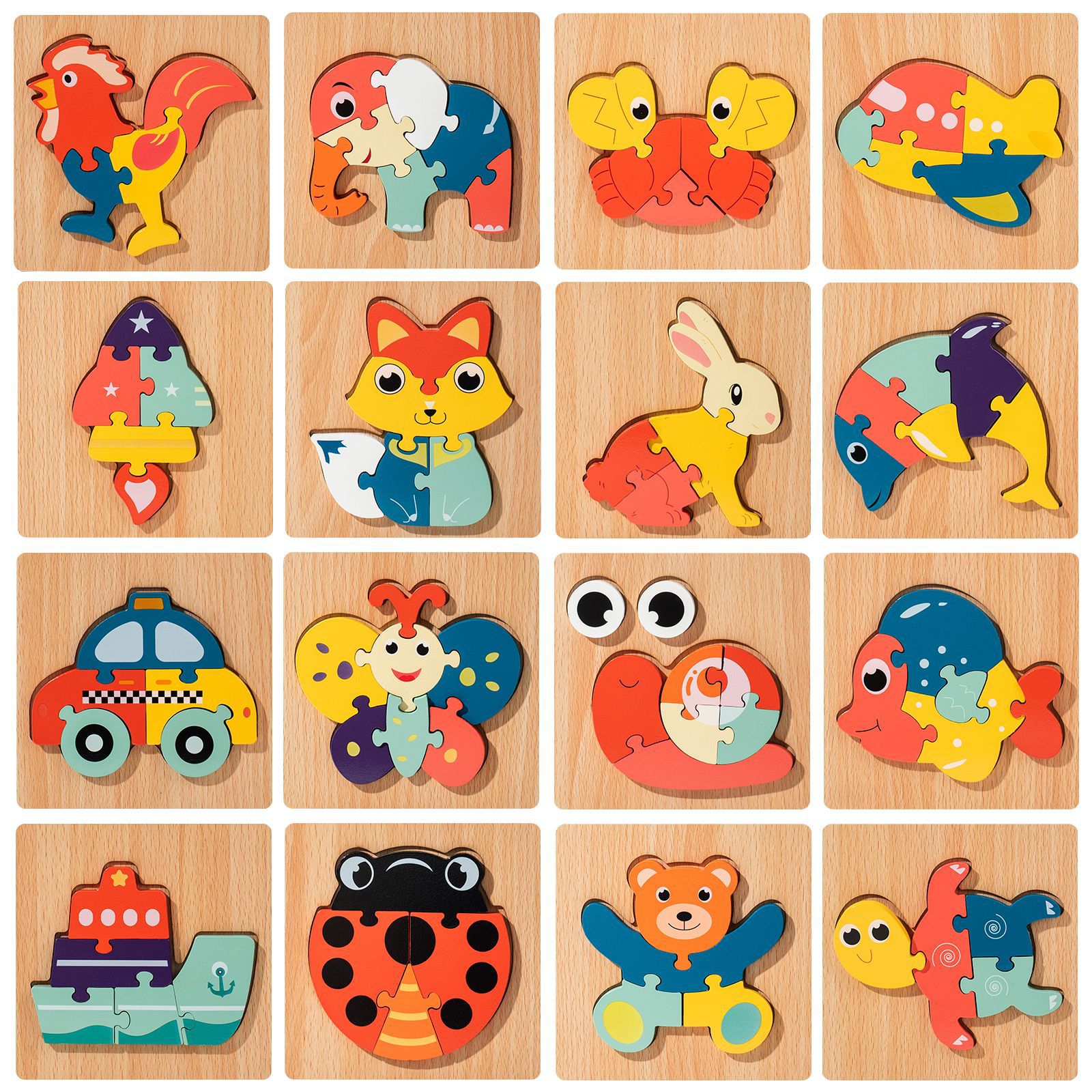 Wholesale of children's wooden 3D animal traffic stereoscopic jigsaw puzzle sets for early education, cognition and intelligence in kindergartens Specification image