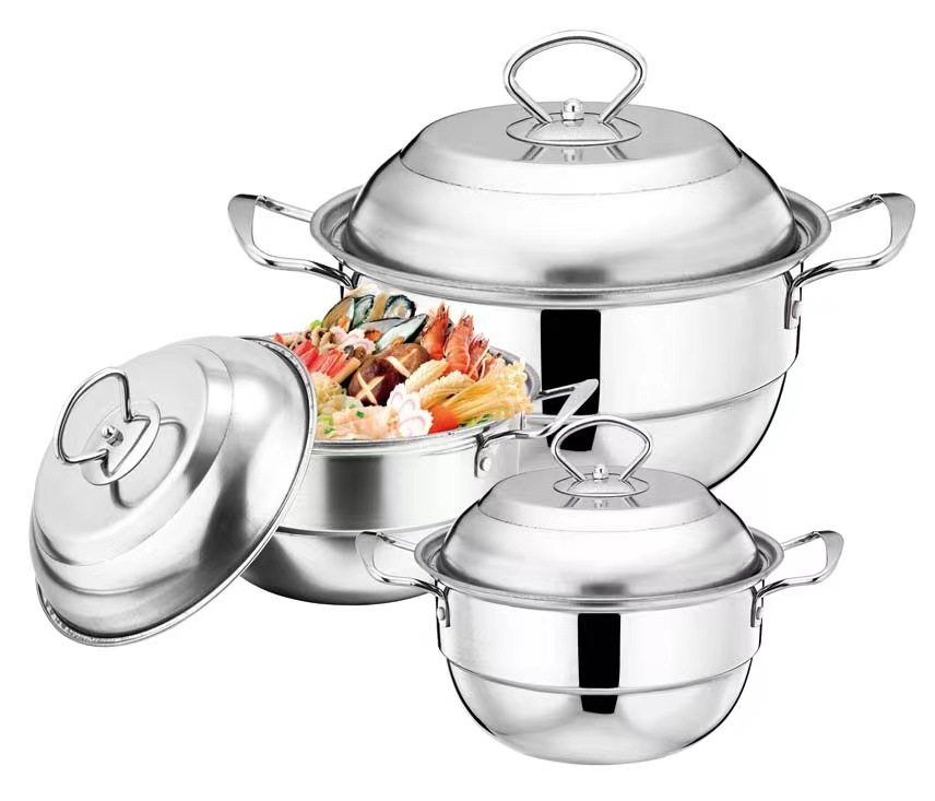 A set of three or four stainless steel pointed-bottom POTS, a household non-stick stew pot with a steel lid, a double-handle single-bottom soup pot, a noodle cooking pot, a soup pot, a stainless steel pot set, a cooking pot, a stew pot, a boiling pot, kitchenware details Picture