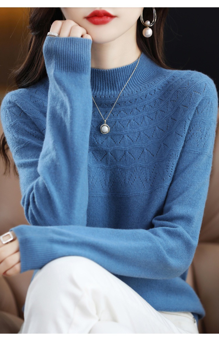 Autumn and winter semi-high neck hollowed-out 100 wool one-line seamless wool sweater, jacquard fashionable pullover sweater base layer pic 22