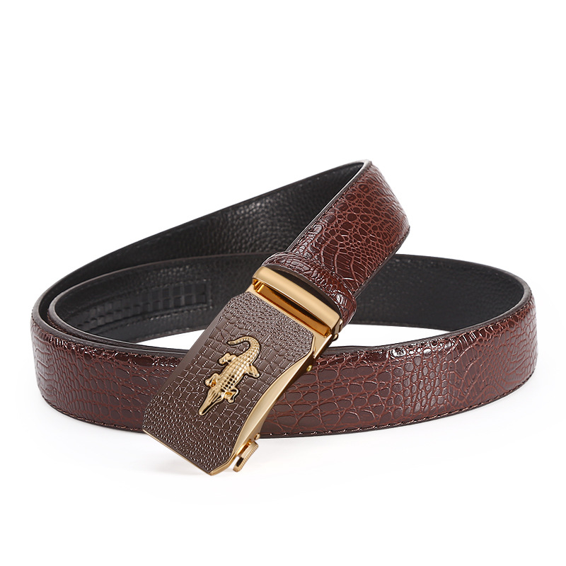 New Men's Alloy Automatic Buckle Belt Wholesale Business Fashion Young High-End Cowhide Crocodile Belt details Picture