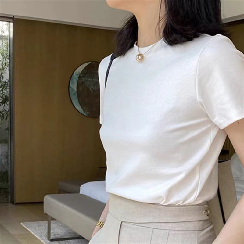 重磅正肩短袖白色t恤女装圆领夏季内搭打底衫2024年体恤女士上衣1产品图