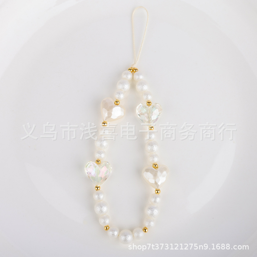 New European and American pearl bow heart-shaped mobile phone chain with beads, short mobile phone lanyard, wrist pendant, pendant and lanyard Specification image