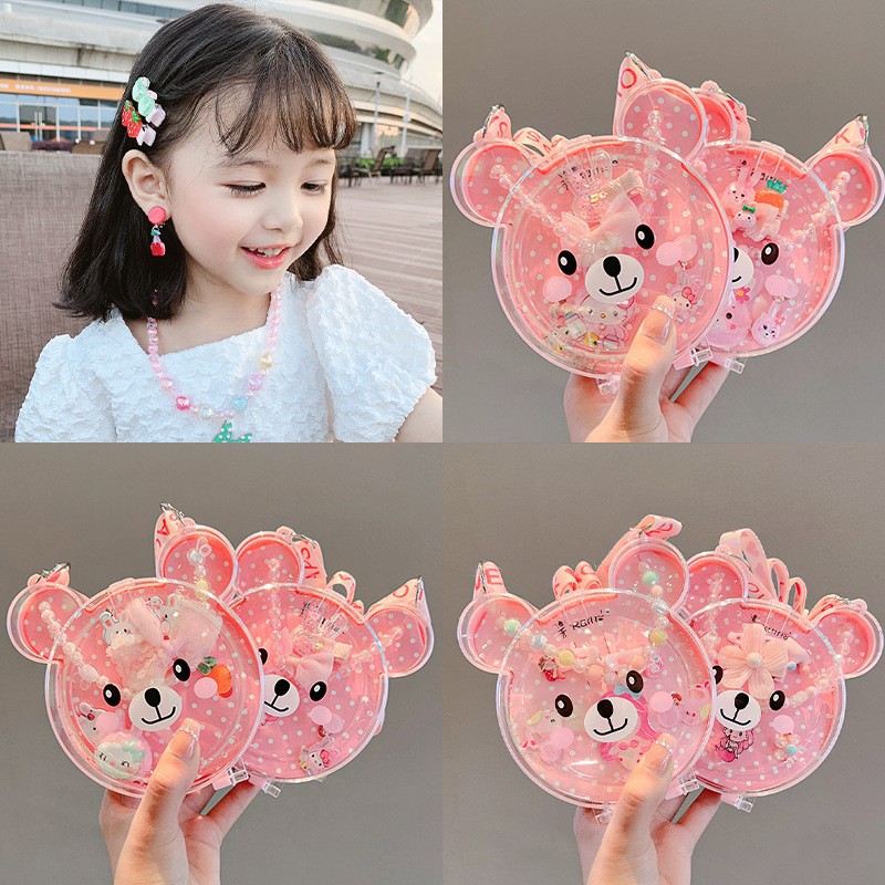 儿童项链手链女童戒指耳环配饰公主水晶串珠首饰发夹发绳背带套装