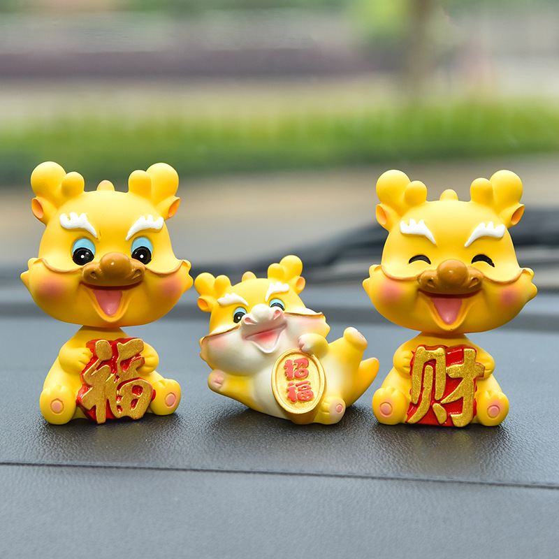 Fulong desktop ornaments, cartoon and cute, creative car ornaments for the Year of the Dragon, shaking head resin figurines, car decoration Specification image