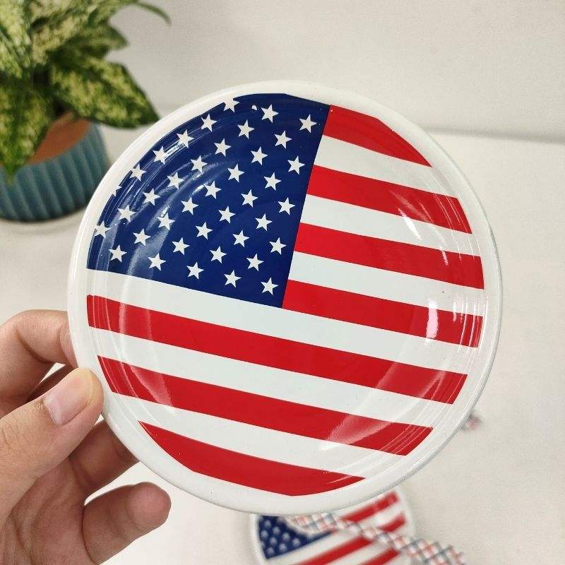 厂家直销高品质星条搪瓷碟子美国国旗图案杯碟支持设计logo图案详情图2
