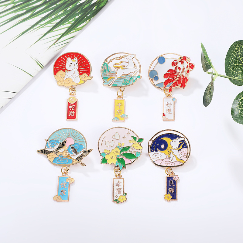 Factory Direct Sales Personality Chinese Wind, Good Luck, Peace And Fortune Blessing Blessing Language Alloy Jewelry Brand Brooch Pendant Specification drawing