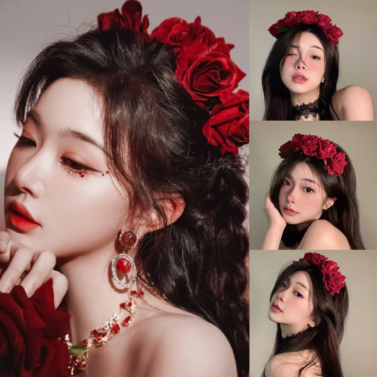 Retro velvet red rose flower headband, Lolita cosplay Gothic girl dark headwear, Halloween hair accessory details Picture