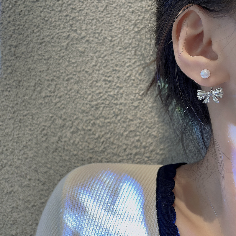 S925 Silver Needle Back Hanging Pearl Bow Earrings Cold Wind Everything Temperament Earrings Stud Korean Trend Earrings Female Application Scenario