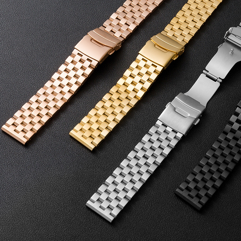 Five-bead solid double safety clasp stainless steel watch band, universal mechanical watch steel band metal bracelet 24mm Item Picture